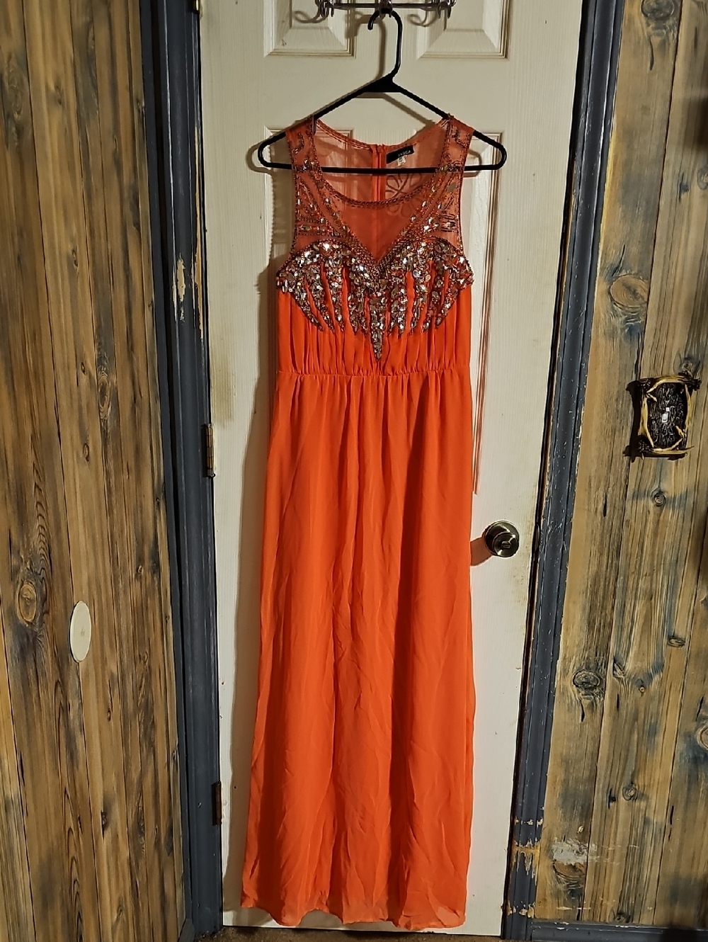 Embellished Orange Maxi Dress with Sheer Bodice
